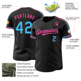 Custom Black Sky Blue-Pink Raglan Line Gradient Stripe Authentic Baseball Jersey