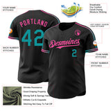 Custom Black Teal-Pink Raglan Line Gradient Stripe Authentic Baseball Jersey