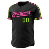 Custom Black Neon Green-Pink Raglan Line Gradient Stripe Authentic Baseball Jersey