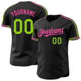 Custom Black Neon Green-Pink Raglan Line Gradient Stripe Authentic Baseball Jersey
