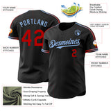 Custom Black Red-Light Blue Raglan Line Gradient Stripe Authentic Baseball Jersey