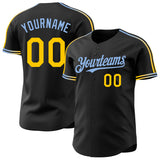 Custom Black Yellow-Light Blue Raglan Line Gradient Stripe Authentic Baseball Jersey