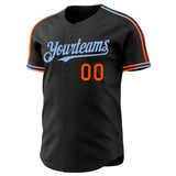 Custom Black Orange-Light Blue Raglan Line Gradient Stripe Authentic Baseball Jersey