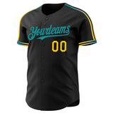 Custom Black Yellow-Teal Raglan Line Gradient Stripe Authentic Baseball Jersey