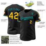 Custom Black Yellow-Teal Raglan Line Gradient Stripe Authentic Baseball Jersey