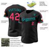 Custom Black Neon Pink-Teal Raglan Line Gradient Stripe Authentic Baseball Jersey