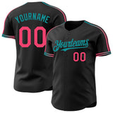 Custom Black Neon Pink-Teal Raglan Line Gradient Stripe Authentic Baseball Jersey