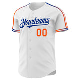 Custom White Orange-Royal Raglan Line Gradient Stripe Authentic Baseball Jersey