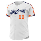 Custom White Orange-Navy Raglan Line Gradient Stripe Authentic Baseball Jersey