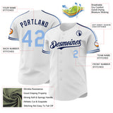 Custom White Light Blue-Navy Raglan Line Gradient Stripe Authentic Baseball Jersey