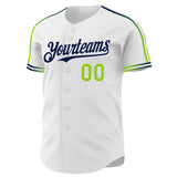 Custom White Neon Green-Navy Raglan Line Gradient Stripe Authentic Baseball Jersey