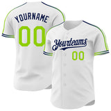 Custom White Neon Green-Navy Raglan Line Gradient Stripe Authentic Baseball Jersey