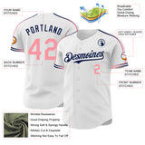 Custom White Medium Pink-Navy Raglan Line Gradient Stripe Authentic Baseball Jersey