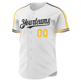 Custom White Gold-Black Raglan Line Gradient Stripe Authentic Baseball Jersey