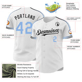 Custom White Light Blue-Black Raglan Line Gradient Stripe Authentic Baseball Jersey