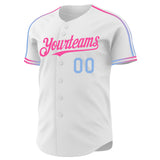Custom White Light Blue-Pink Raglan Line Gradient Stripe Authentic Baseball Jersey