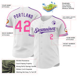 Custom White Pink-Purple Raglan Line Gradient Stripe Authentic Baseball Jersey