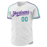 Custom White Teal-Purple Raglan Line Gradient Stripe Authentic Baseball Jersey