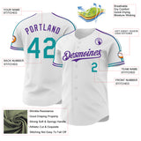 Custom White Teal-Purple Raglan Line Gradient Stripe Authentic Baseball Jersey