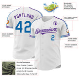 Custom White Blue-Purple Raglan Line Gradient Stripe Authentic Baseball Jersey