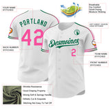 Custom White Pink-Kelly Green Raglan Line Gradient Stripe Authentic Baseball Jersey