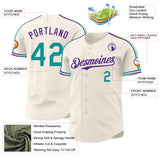 Custom Cream Teal-Purple Raglan Line Gradient Stripe Authentic Baseball Jersey