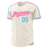 Custom Cream Sky Blue-Pink Raglan Line Gradient Stripe Authentic Baseball Jersey