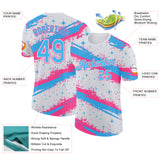 Custom White Sky Blue-Pink Brush Stroke Splatter Starburst Performance T-Shirt