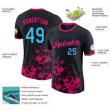 Custom Black Sky Blue-Hot Pink Brush Stroke Splatter Performance T-Shirt