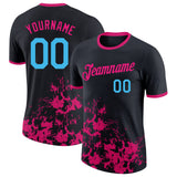 Custom Black Sky Blue-Hot Pink Brush Stroke Splatter Performance T-Shirt