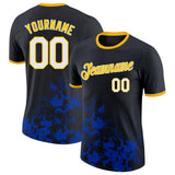 Custom Black White Thunder Blue-Yellow Brush Stroke Splatter Performance T-Shirt