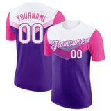 Custom White Purple-Pink Geometric V-Lines Color Block Performance T-Shirt
