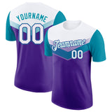 Custom White Purple-Teal Geometric V-Lines Color Block Performance T-Shirt