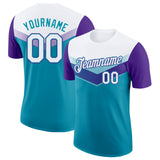 Custom White Teal-Purple Geometric V-Lines Color Block Performance T-Shirt