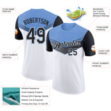 Custom Light Blue Black-White Geometric V-Lines Color Block Performance T-Shirt