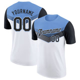Custom Light Blue Black-White Geometric V-Lines Color Block Performance T-Shirt