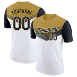 Custom Old Gold Black-White Geometric V-Lines Color Block Performance T-Shirt