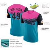 Custom Pink Black-Teal Geometric V-Lines Color Block Performance T-Shirt