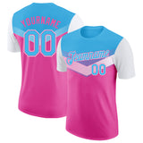 Custom Sky Blue Pink-White Geometric V-Lines Color Block Performance T-Shirt