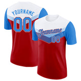 Custom White Powder Blue-Red Geometric V-Lines Color Block Performance T-Shirt