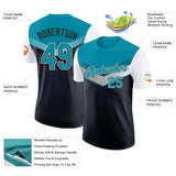 Custom Teal Black-White Geometric V-Lines Color Block Performance T-Shirt