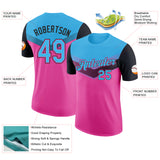 Custom Sky Blue Pink-Black Geometric V-Lines Color Block Performance T-Shirt