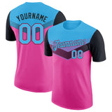 Custom Sky Blue Pink-Black Geometric V-Lines Color Block Performance T-Shirt