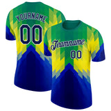 Custom Green Navy Blue-White Geometric Gradient Digital Mosaic Performance T-Shirt