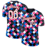 Custom Black White Blue Pink-Red Geometric Digital Mosaic Performance T-Shirt