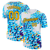 Custom White Gold Blue-Black Geometric Digital Mosaic Performance T-Shirt