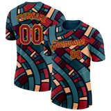 Custom Green Crimson-Gold Geometric Digital Mosaic Performance T-Shirt