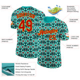 Custom Aqua Red-Gold Geometric Digital Mosaic Performance T-Shirt
