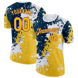 Custom White Yellow Blue-Purple Grunge Paint Splatter Performance T-Shirt