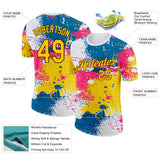 Custom White Yellow Blue Pink-Brown Grunge Paint Splatter Performance T-Shirt